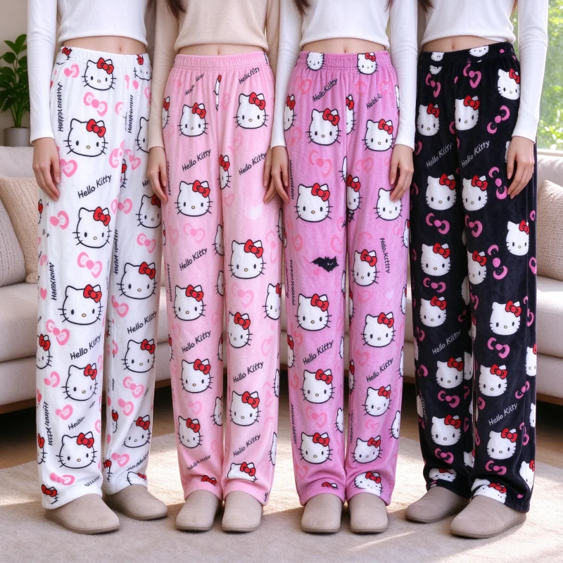 Women Shoes Xxl - Hello Kitty, weiche Flanell-Schlafhose mit Print,