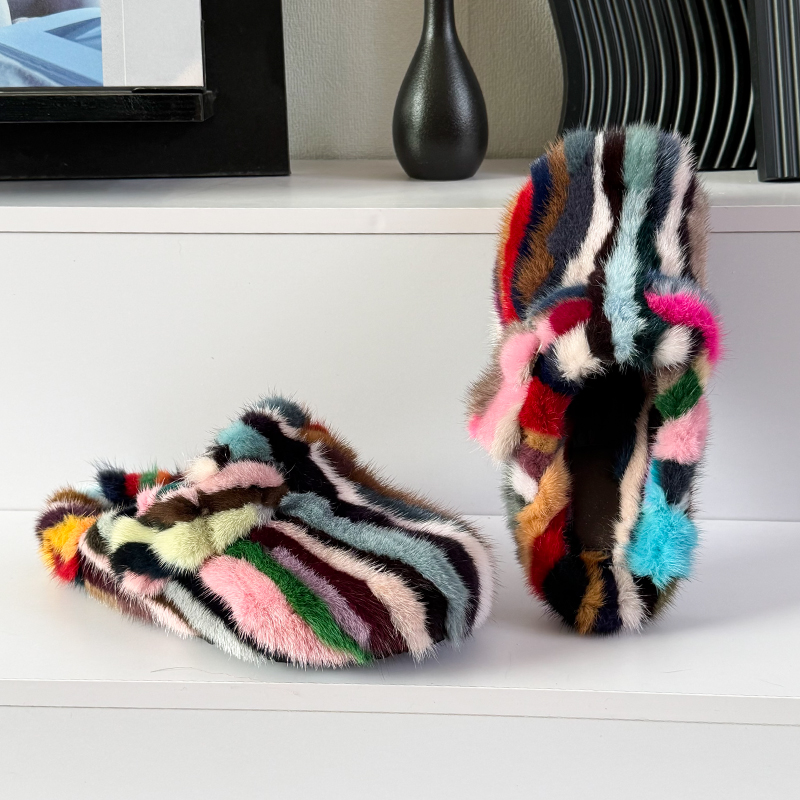 Women'S Shoes Clogs - Damen-Mules und Clogs, Nerzfell-Hausschuhe, Winter-Damenpantoffeln, Farbblockierende