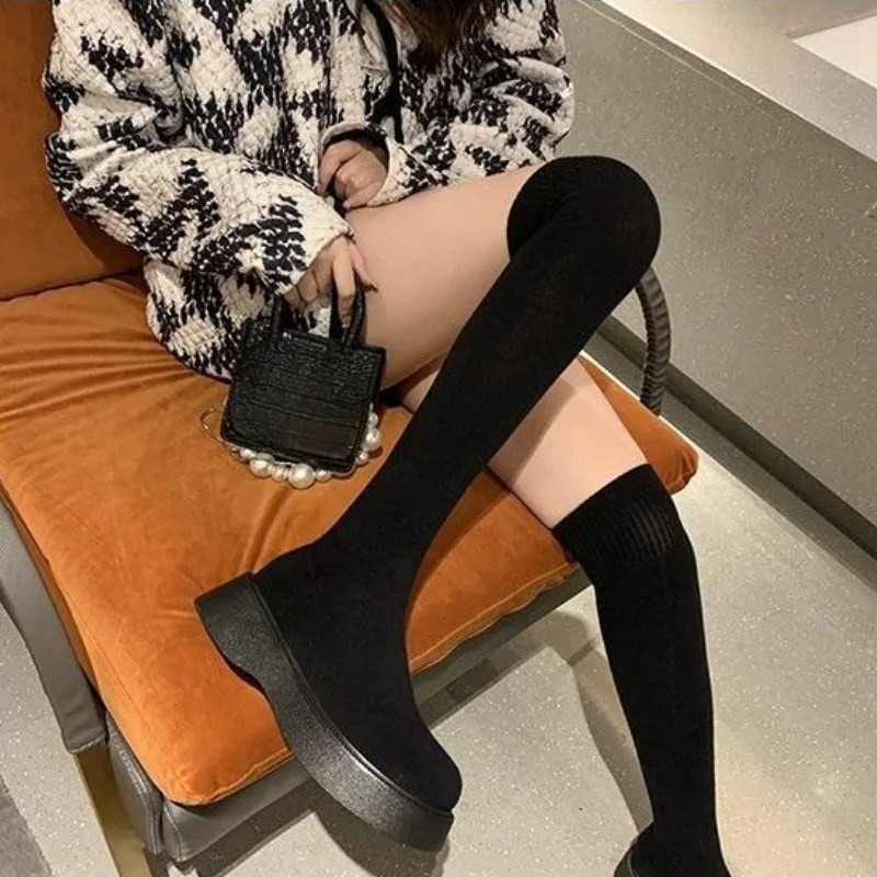 Sock Boot Women - Damen-Kniestrümpfe mit dicker Sohle, elastisch, für