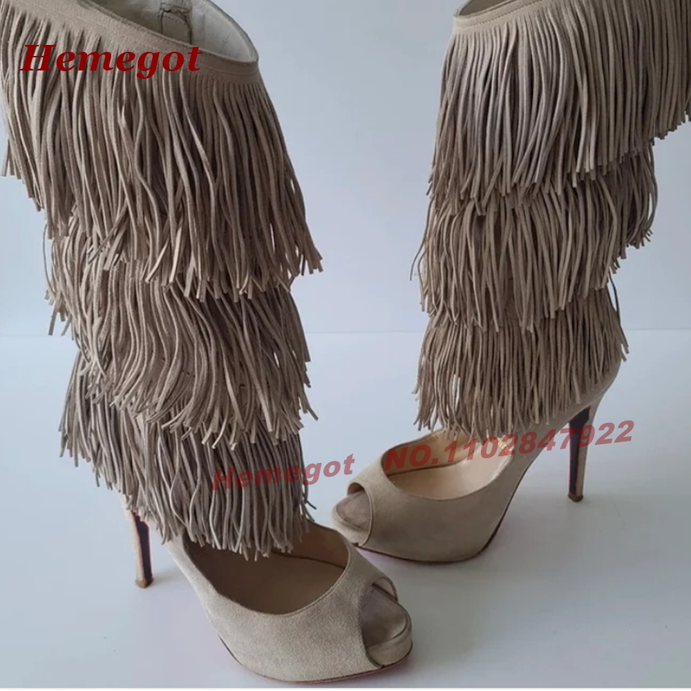 Mehrstufige Fransen-Peeptoe-Hi – Knee High Boots Women Bewertung und Preis