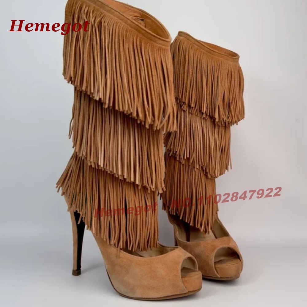 Mehrstufige Fransen-Peeptoe-Hi – Knee High Boots Women Bewertung und Preis